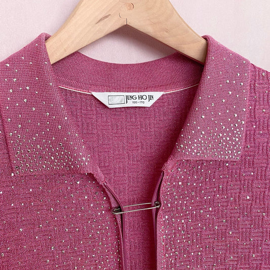 Vintage Jung Ho Jin Rhinestone Pink Mesh Short Sleeve Top