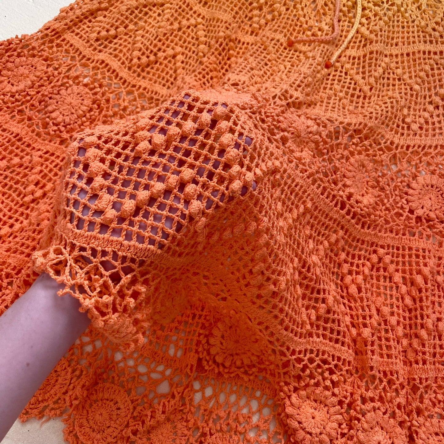 Secondhand Alix Pinho Revolve Sunset Crochet Midi Skirt in Orange, Size Small