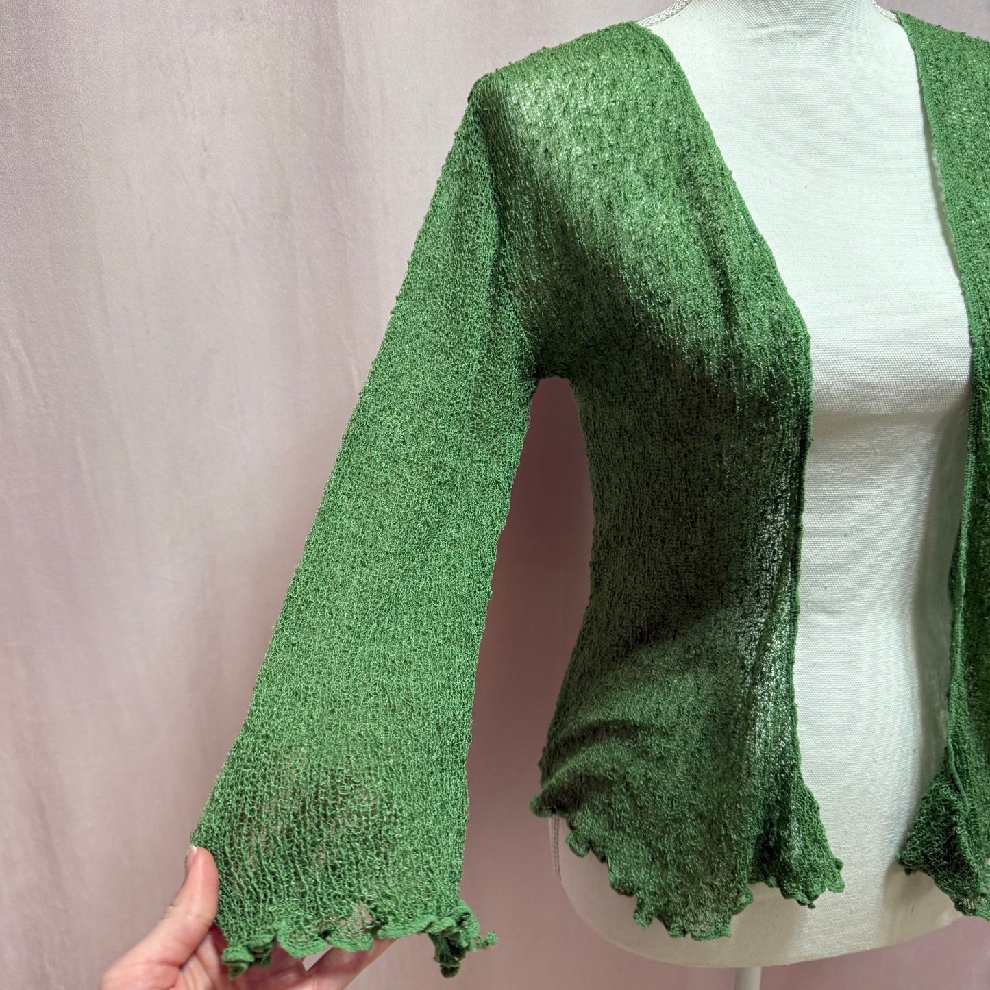 Preowned Shu-Shi Green Crochet Open Tie Front Cardigan, One Size