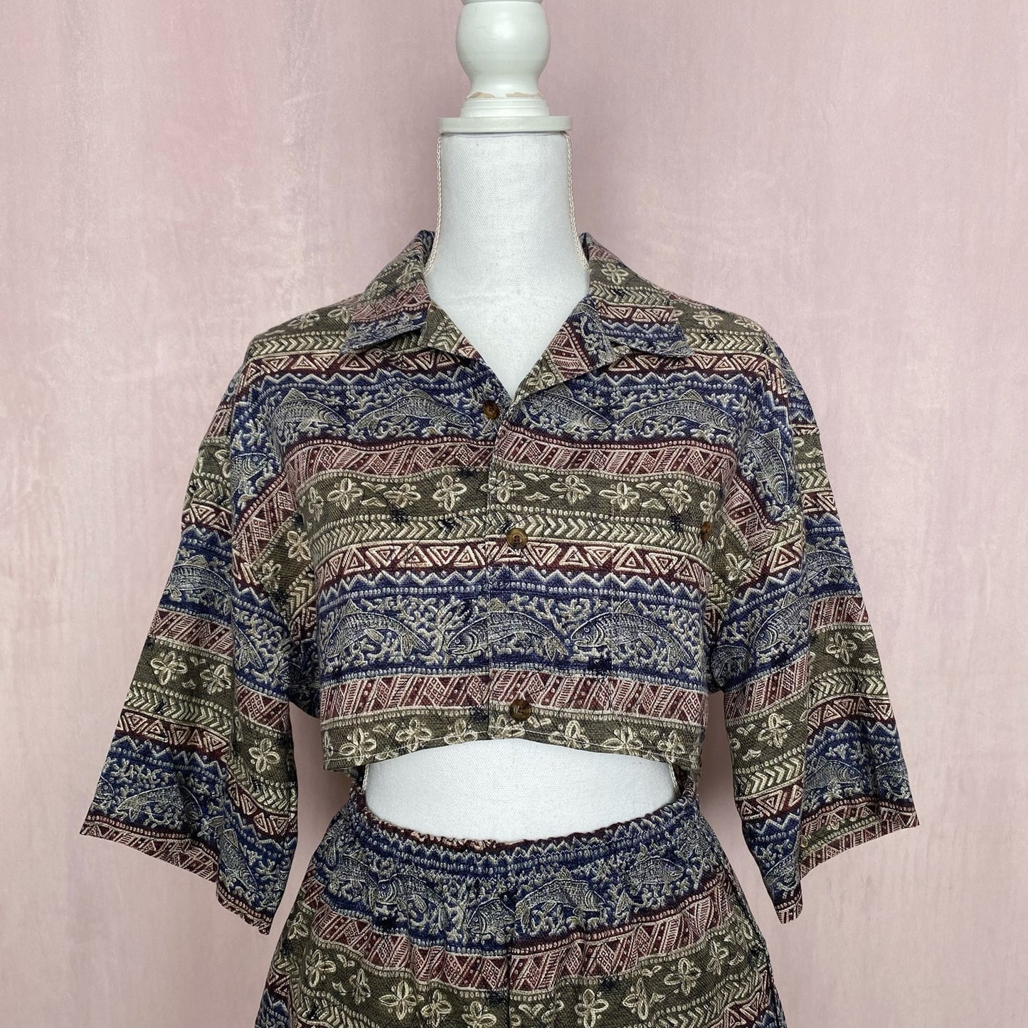 Upcycled Fish Tribal Print Button Up & Shorts Set, Size S/M/L