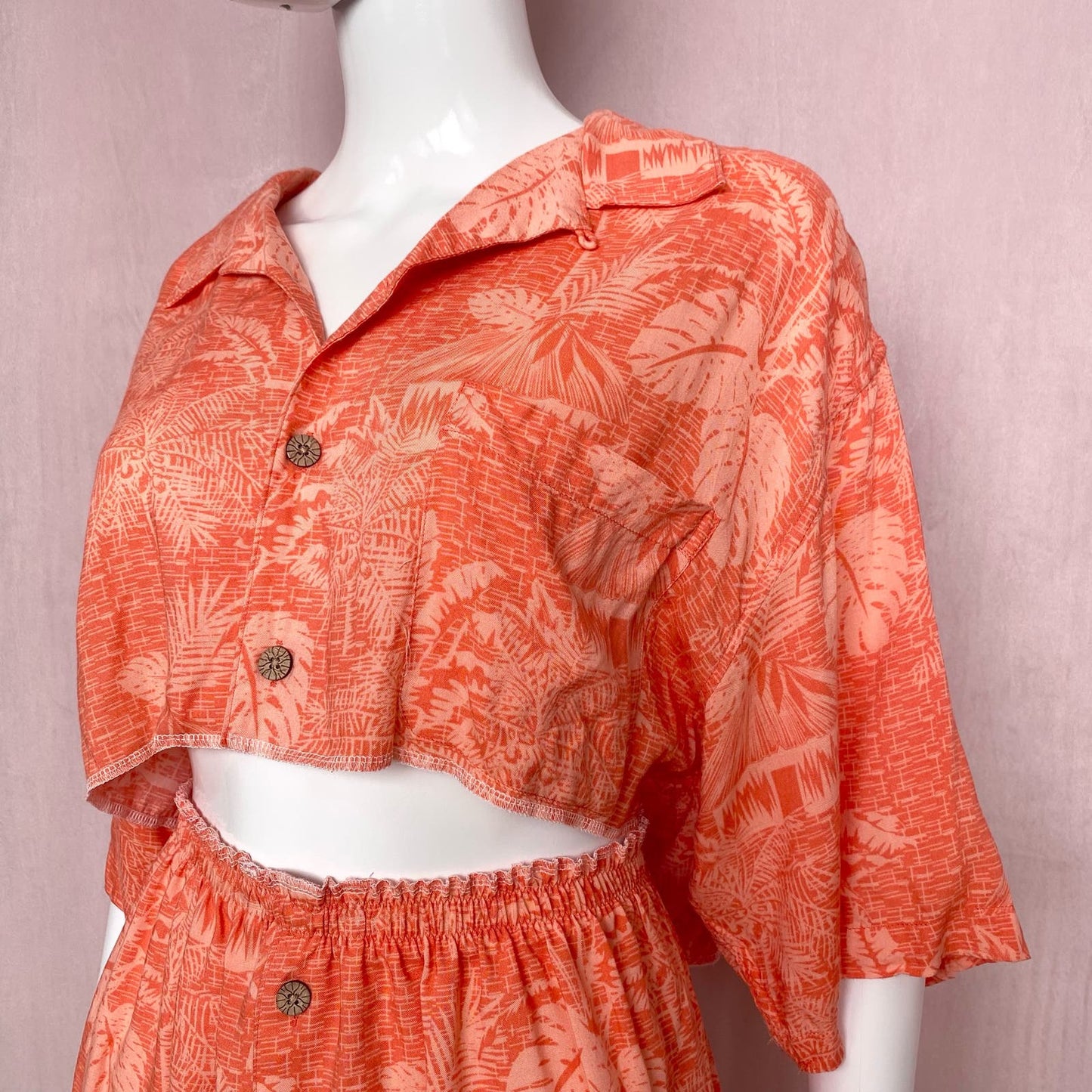 Upcycled Hawaiian Crop Button Up Shirt & Skirt Set, Size Large