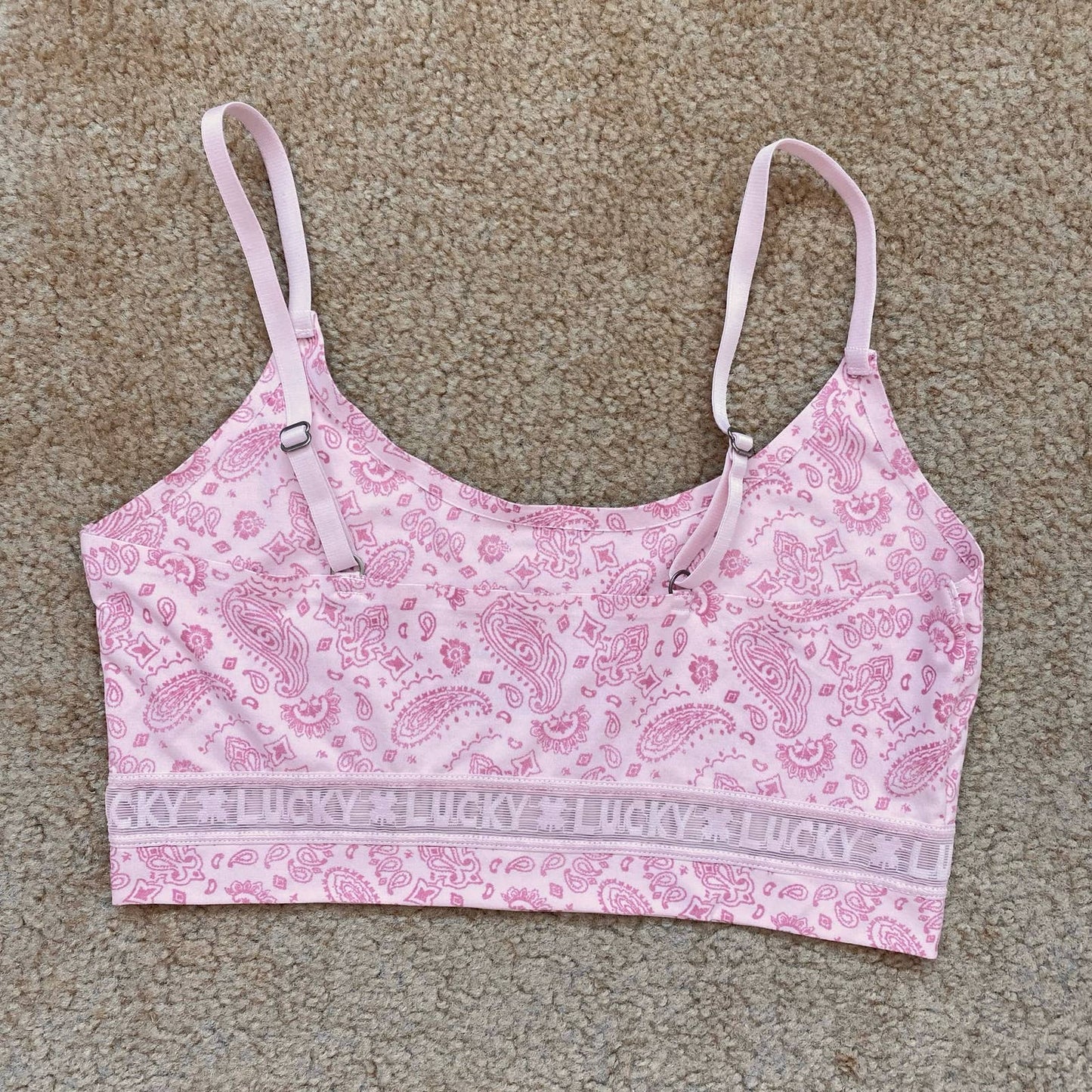 Secondhand Lucky Brand Pink Floral Logo Sports Bra, Size Large