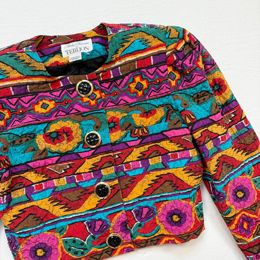 Vintage 80s Rickie Freeman For Teri Jon Quilted Silk Crop Blazer Jacket, S/M