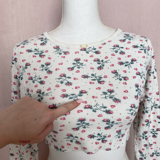 Reworked Vintage Floral Knit Crop Long Sleeve, Size Small