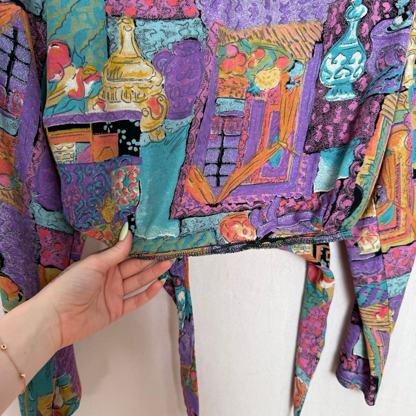 Upcycled Vintage Abstract Tie Front Crop Top, Size XS