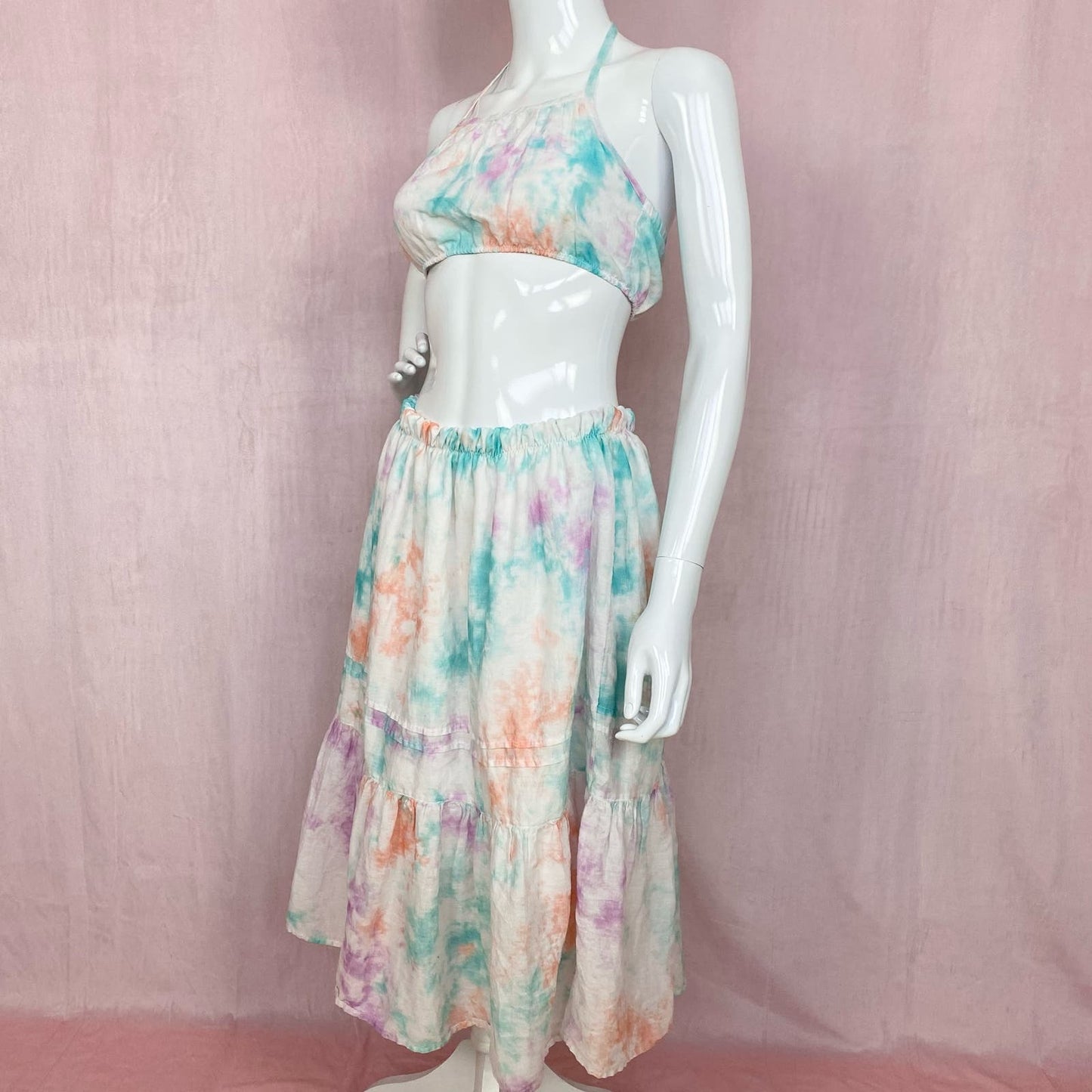 Upcycled Tie Dye Crop Halter Top & Skirt Set, Size XS