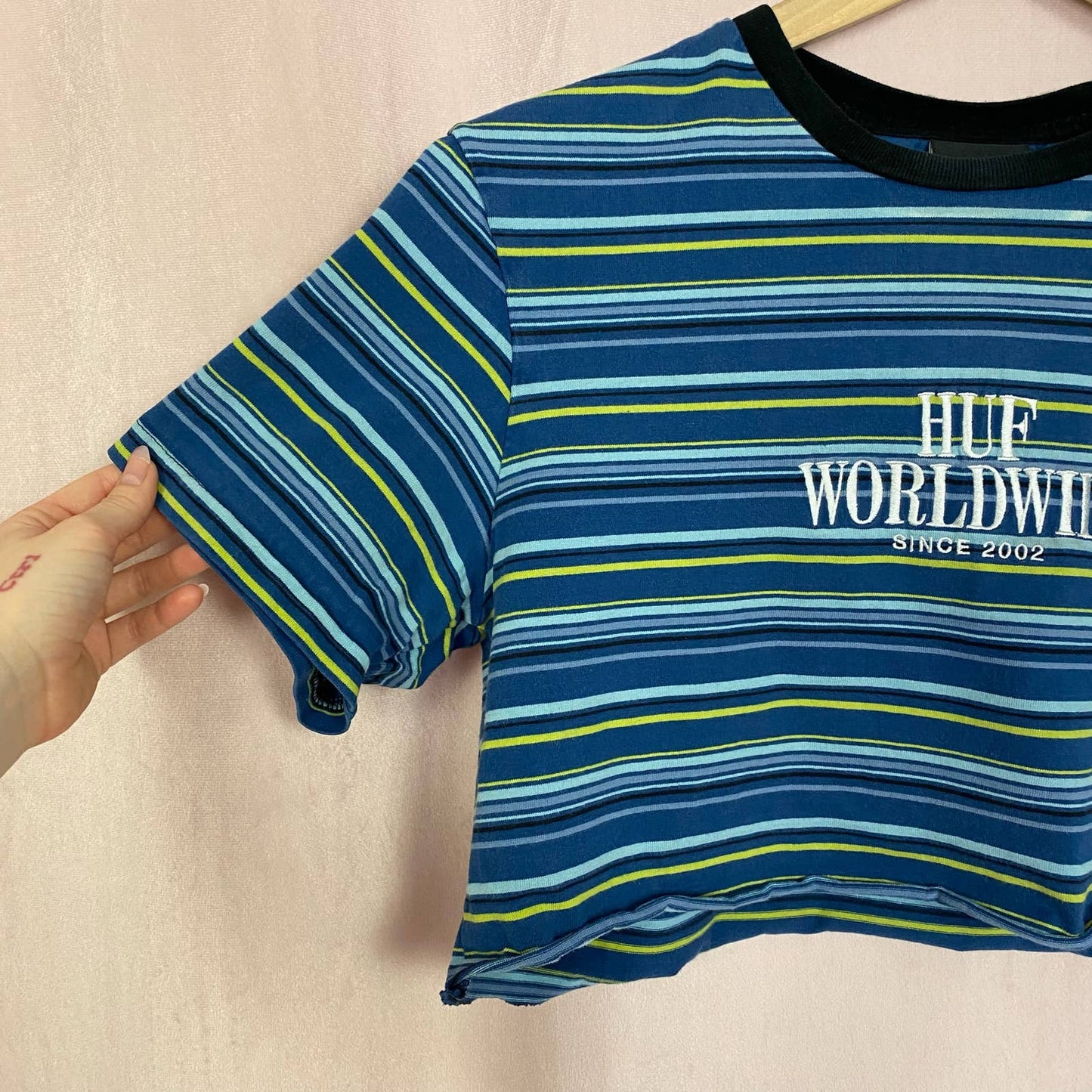 Reworked HUF Worldwide Stripe Knit Crop Tee, Size Medium