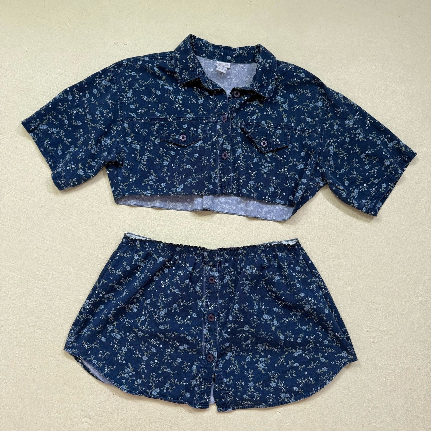 Upcycled Button Up Crop Shirt & Skirt Set, Size L/XL