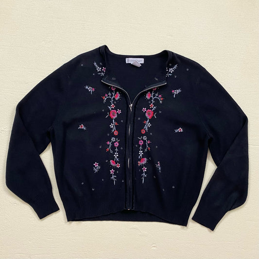 Vintage Dressbarn Floral Embroidered Zip Up Cardigan Sweater, Size XL