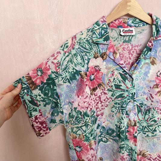 Vintage Caribou Floral Short Sleeve Button Up, Size Large