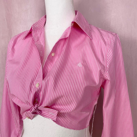 Upcycled Ralph Lauren Pink Stripe Crop Button Up Top, Size XS