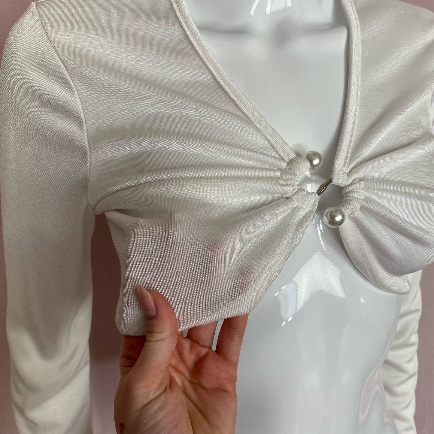 Secondhand White Ruched Plunge Neck Crop Long Sleeve, Size Large