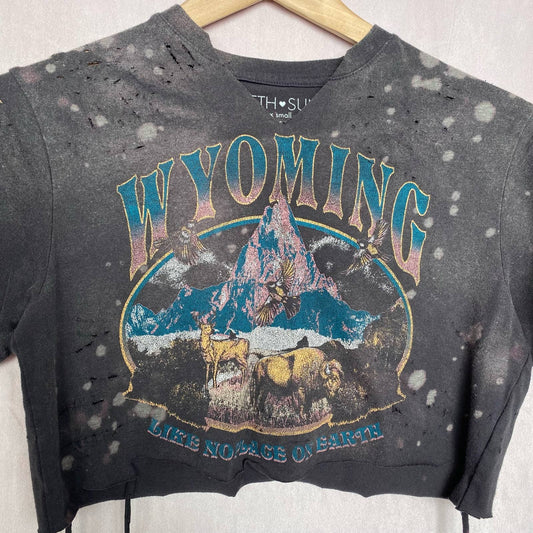 Upcycled Fifth Sun Wyoming Distressed Crop Tee, Size XS