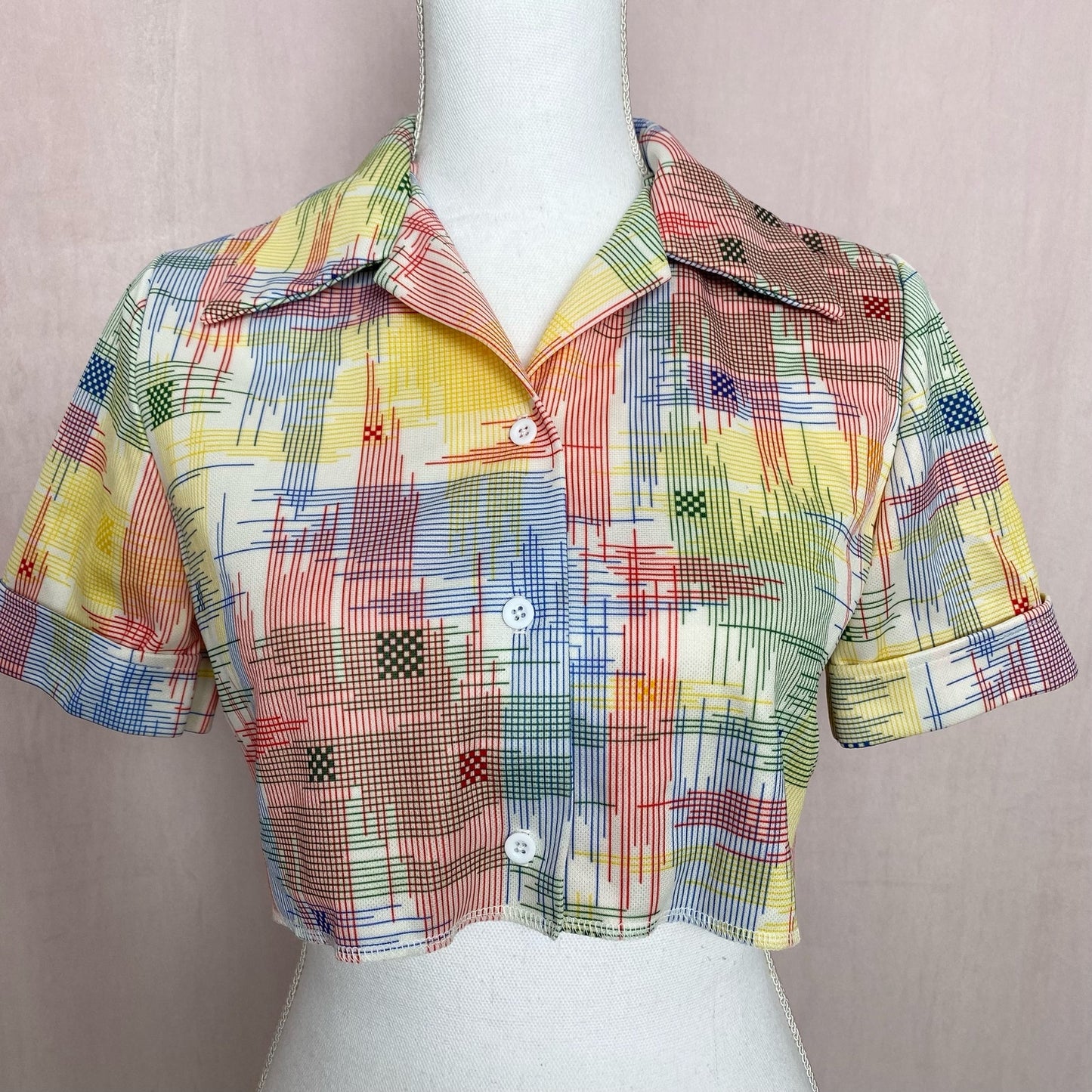Upcycled Vintage 70s Crop Plaid Button Up Shirt, Size Small