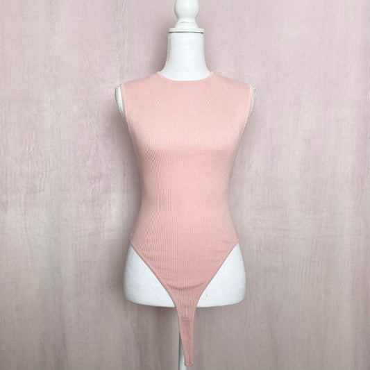 Secondhand Blush Pink Ribbed Drop Armhole Bodysuit, Size Small