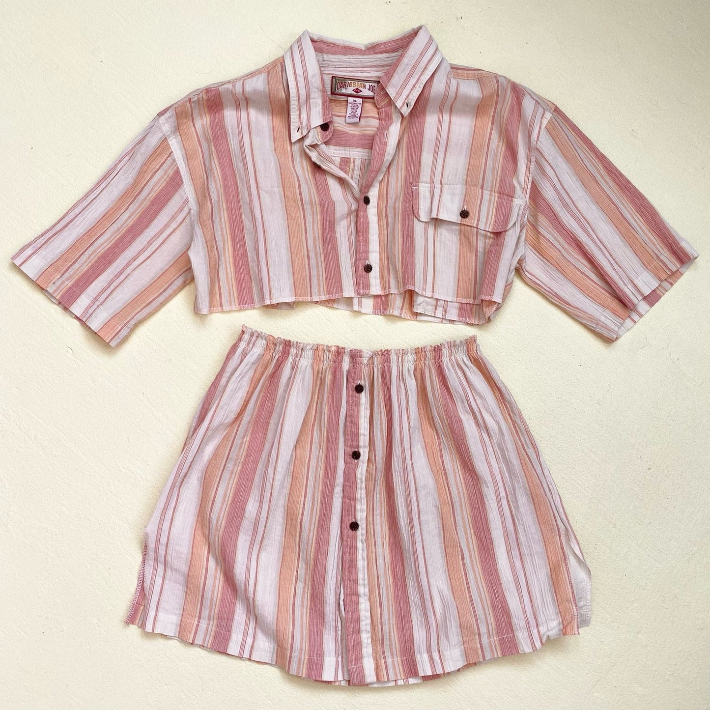 Upcycled Vintage Crop Button Up Shirt & Skirt Set, Size S/M