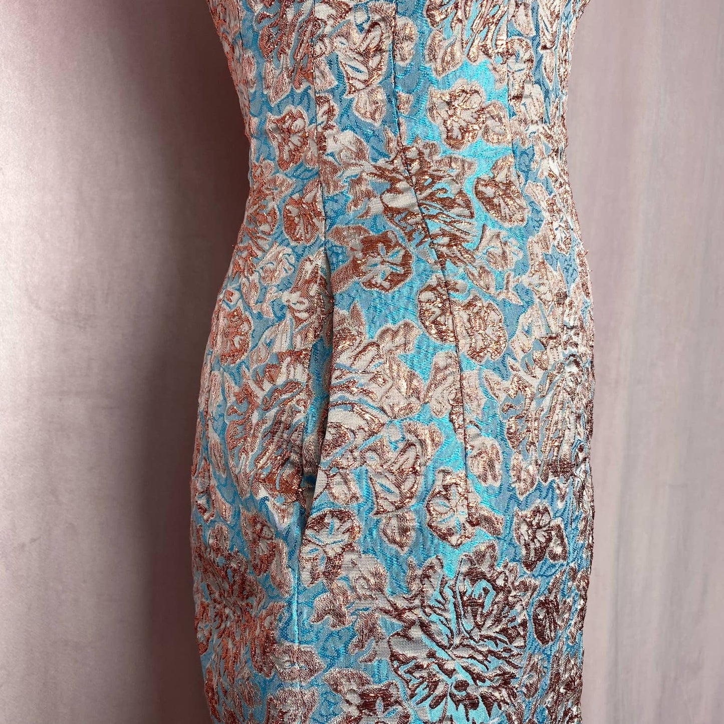 Secondhand Aqua Metallic Rose Gold Blue Floral Formal Dress, Size 0