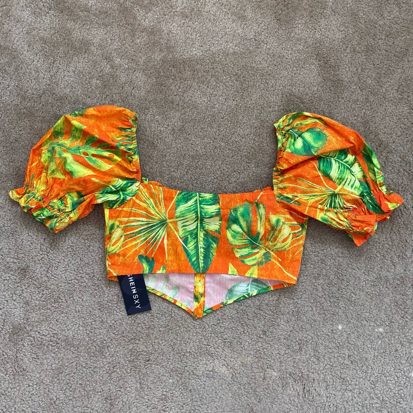 Preowned Shein Sxy Tropical Puff Sleeve Crop Top, Size Large