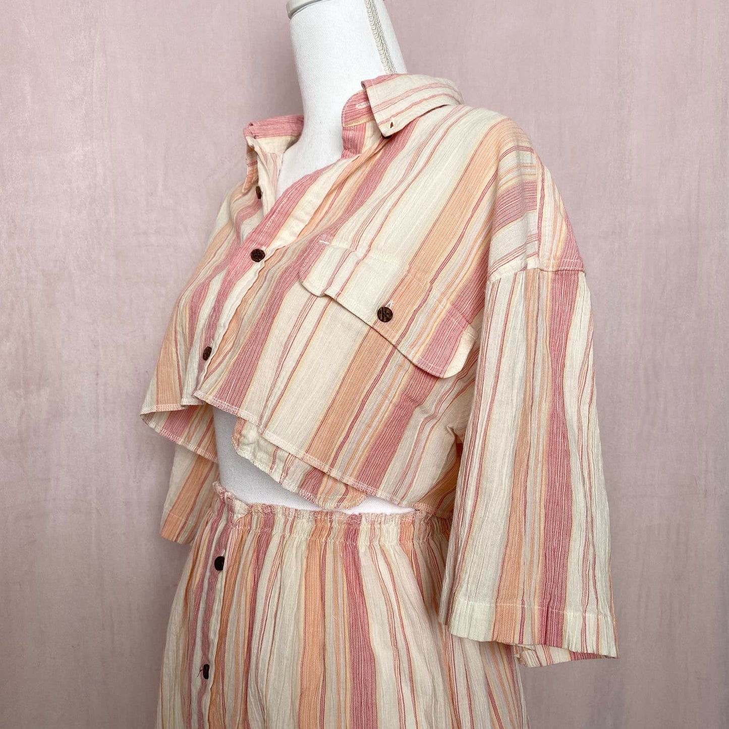 Upcycled Vintage Crop Button Up Shirt & Skirt Set, Size S/M