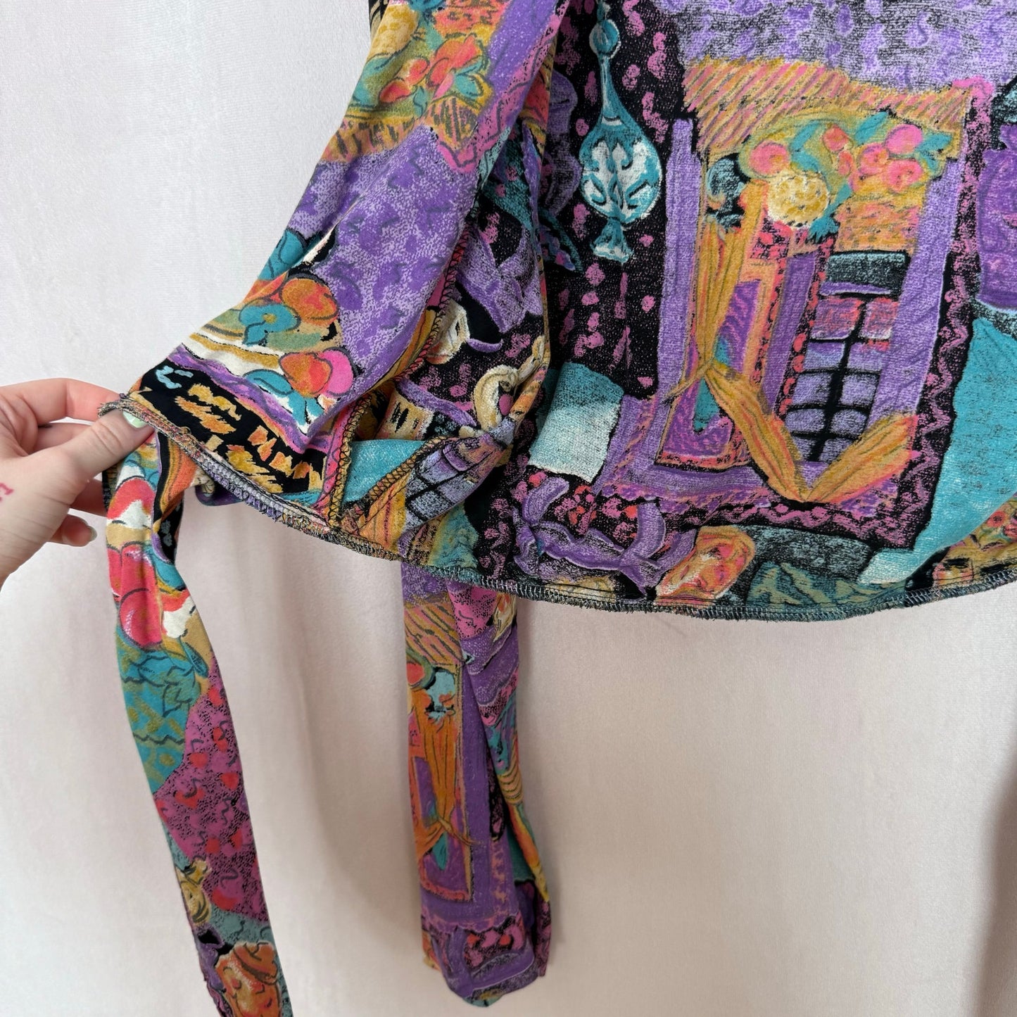 Upcycled Vintage Abstract Tie Front Crop Top, Size XS