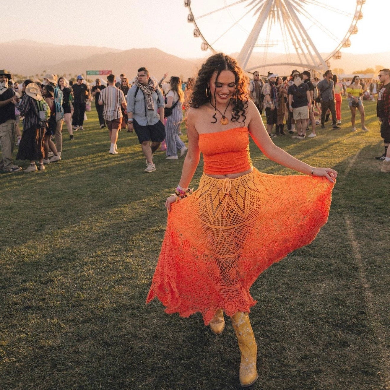 Secondhand Alix Pinho Revolve Sunset Crochet Midi Skirt in Orange, Size Small