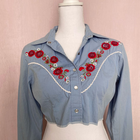 Reworked Roxy Floral Embroidered Crop Button Up, Size Medium