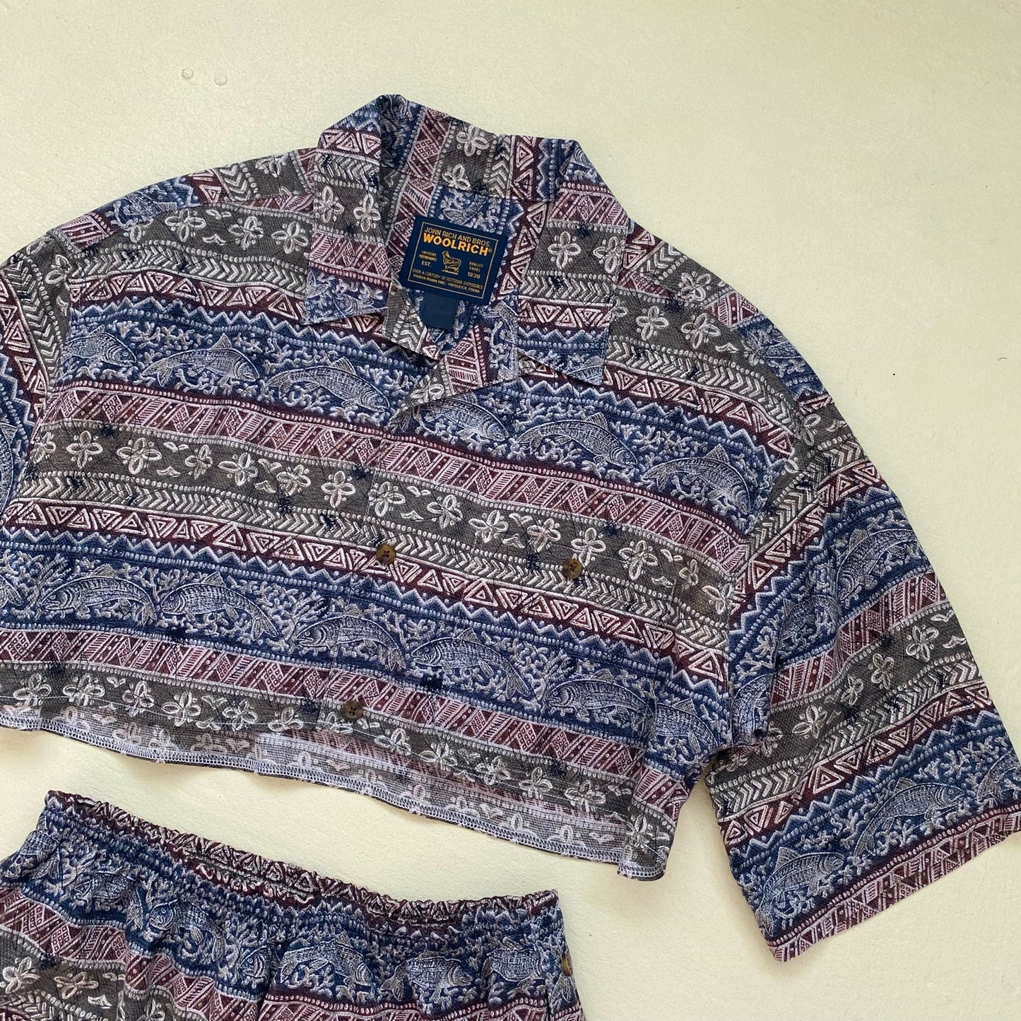 Upcycled Fish Tribal Print Button Up & Shorts Set, Size S/M/L