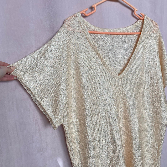 Y2K Cream Sequins Deep V-Neck Short Sleeve Knit Top, Size XL