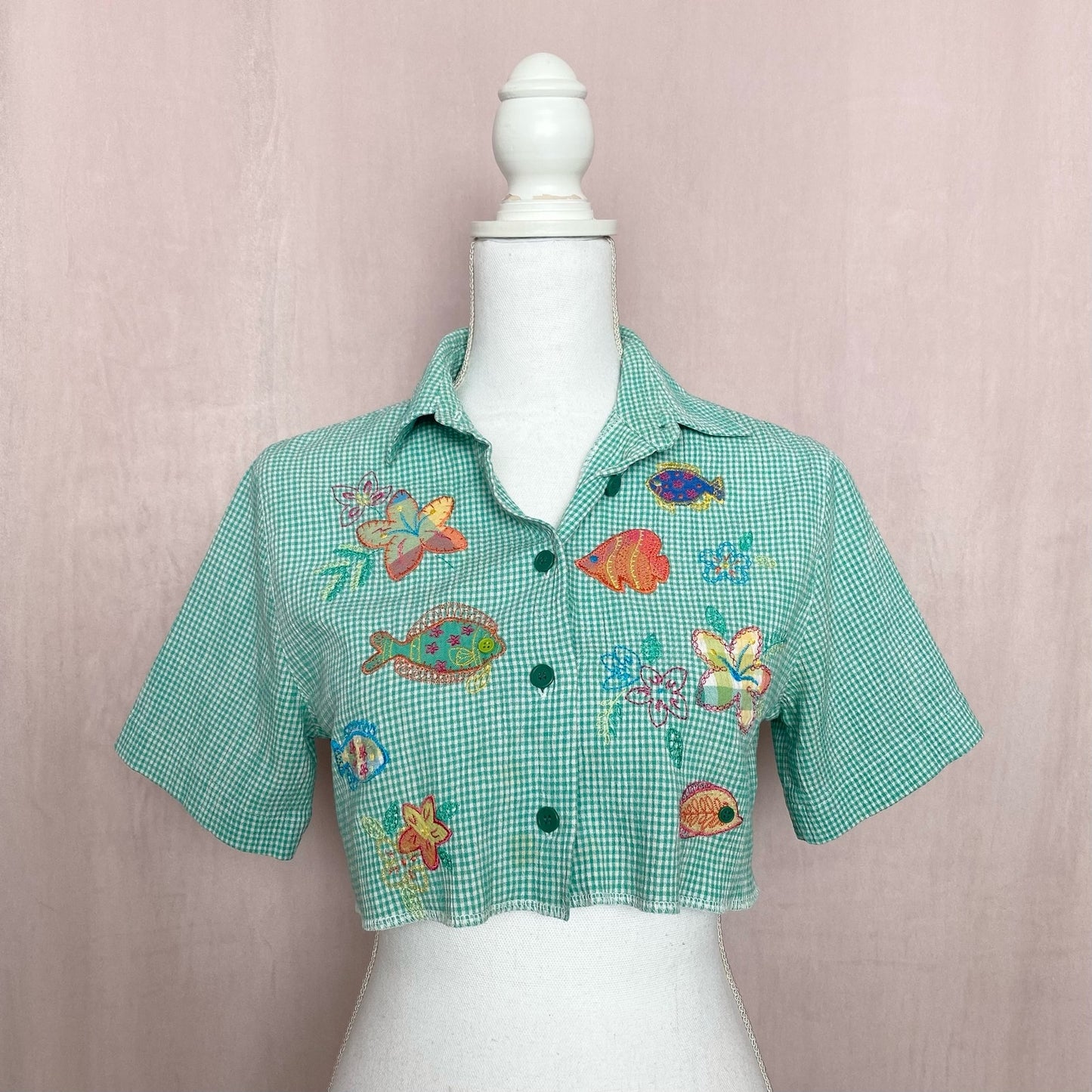 Upcycled Vintage Crop Embroidered Shirt, Size Small