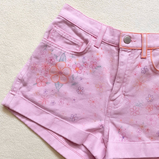 Upcycled American Apparel Floral Pink Denim Shorts, Size 25