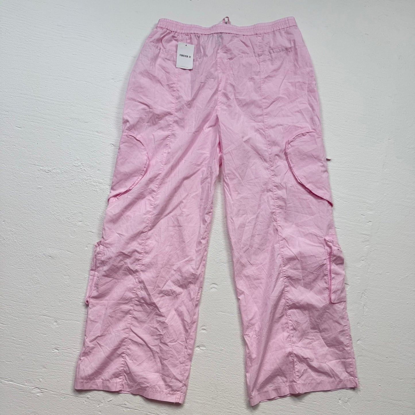 Secondhand Forever 21 Pink Cargo Wide Leg Pants Heart Pocket Bow Tie Detail, Size XL