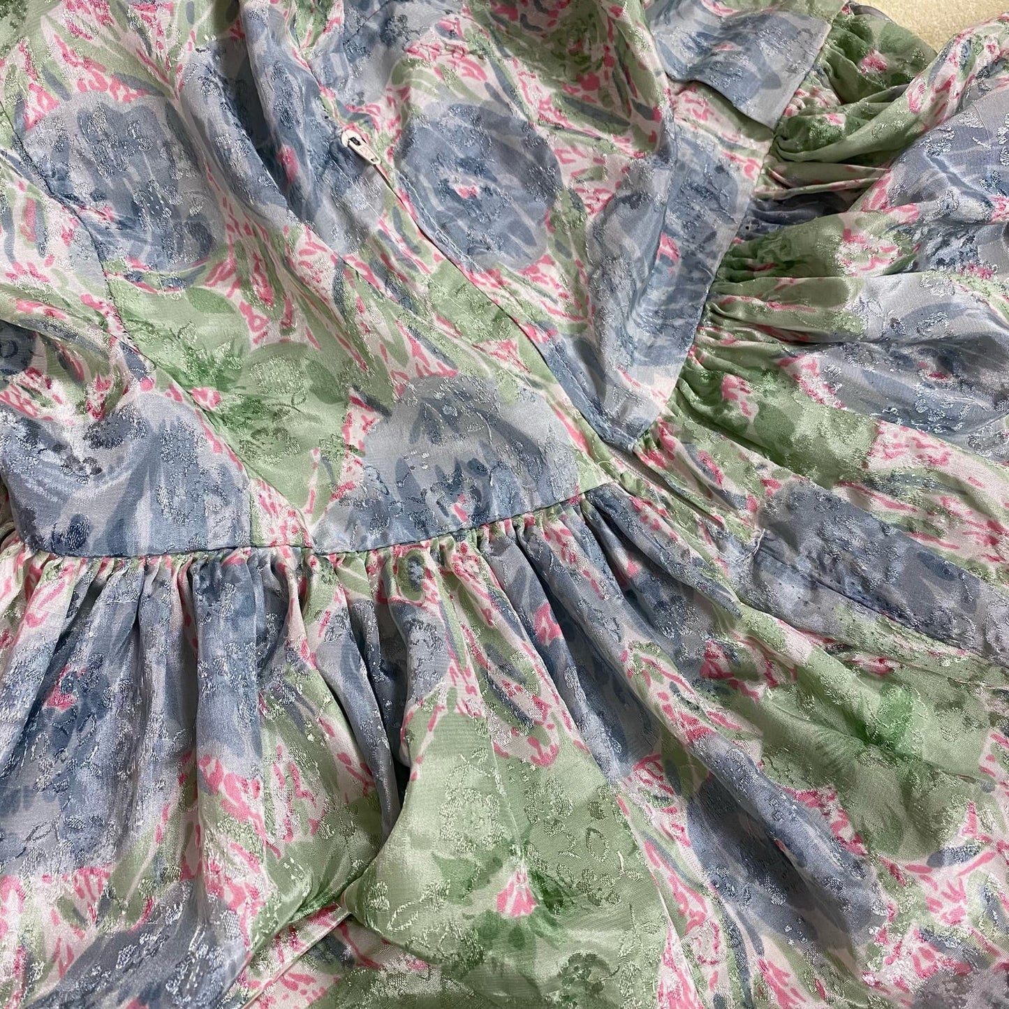 Vintage Handmade Satin Floral Puff Sleeve Maxi Dress