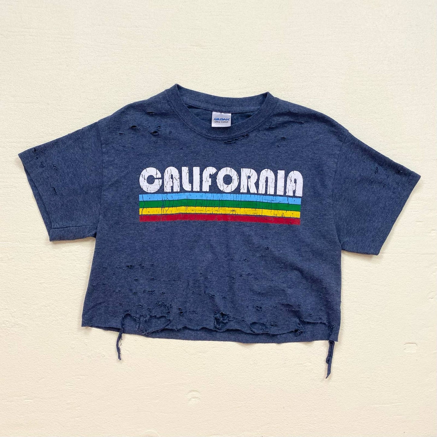 Reworked California Distressed Crop Tee, Size Small