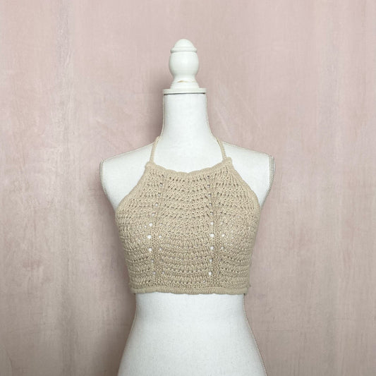 Secondhand Cotton On Beige Crochet Tie Neck Halter Crop Top, Size Small