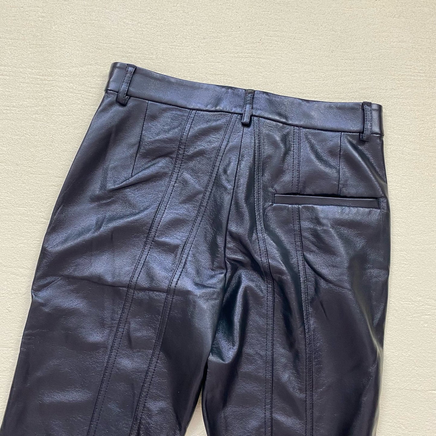 Preowned Materiel Black Vegan Leather El Stitch Flared Trousers Pants, Size XS