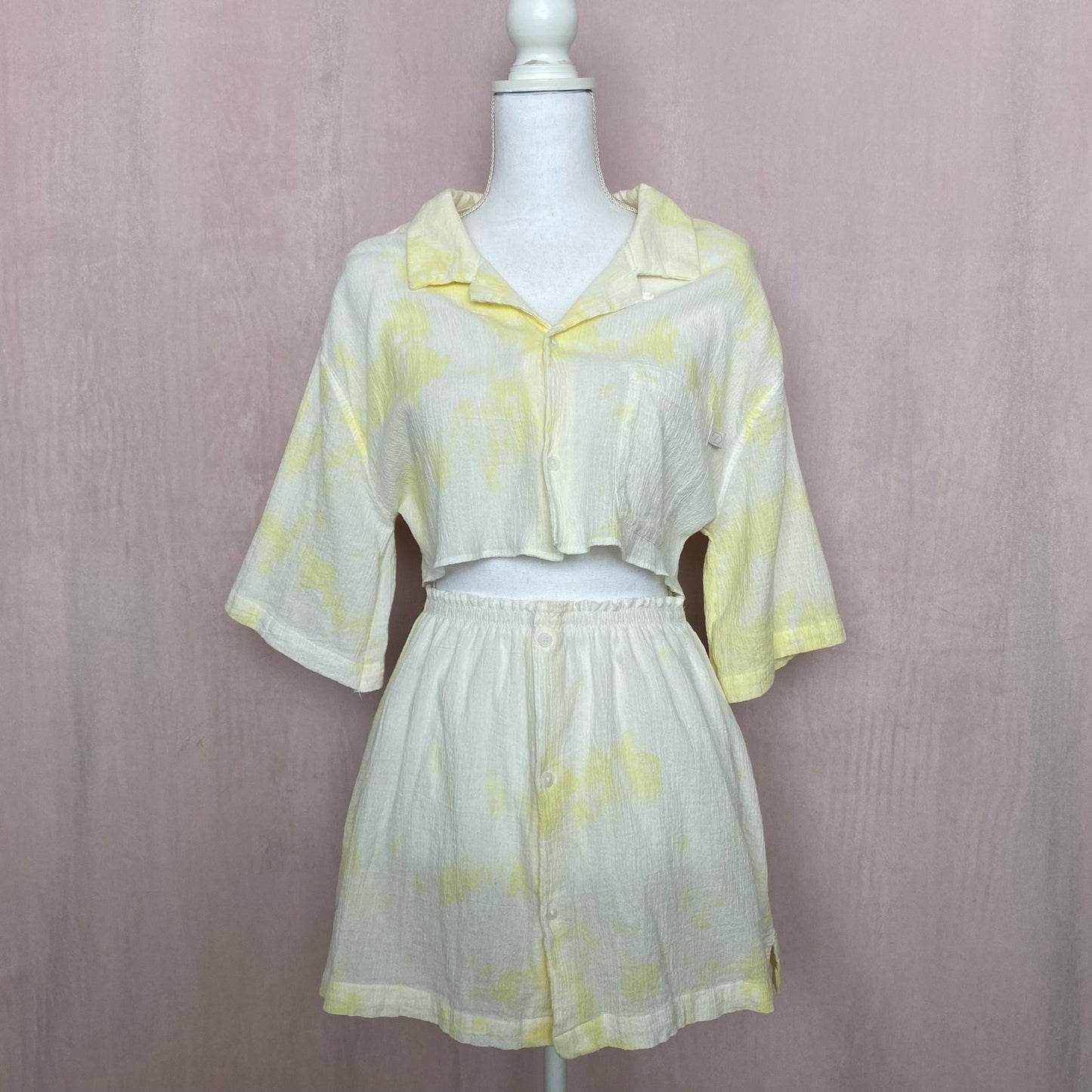 Upcycled Yellow Tie Dye Button Front Skirt Set, Size S/M