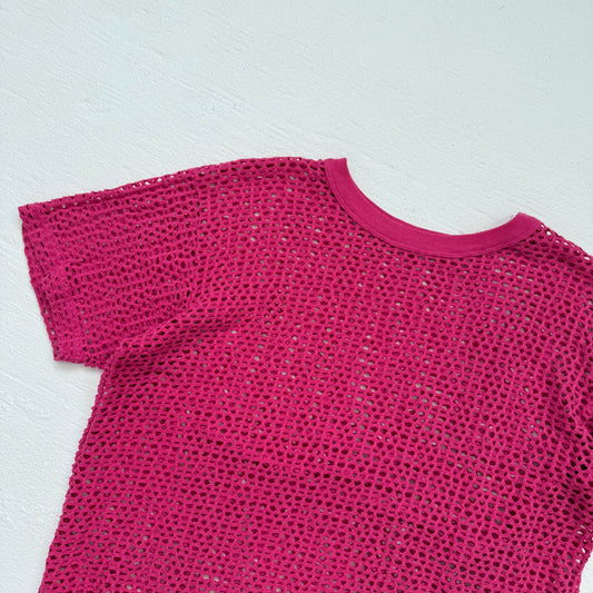 Y2K Pink Open Crochet Knit Short Sleeve Top