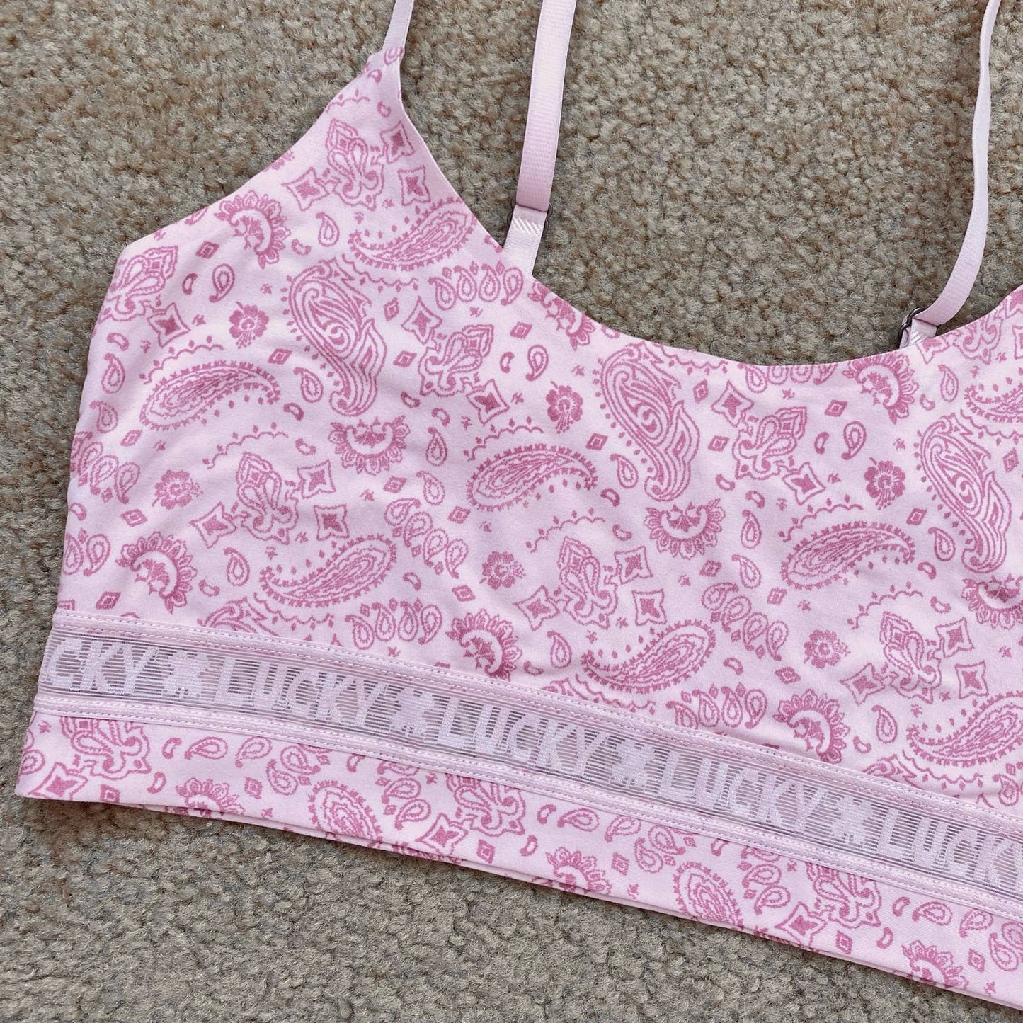Secondhand Lucky Brand Pink Floral Logo Sports Bra, Size Large