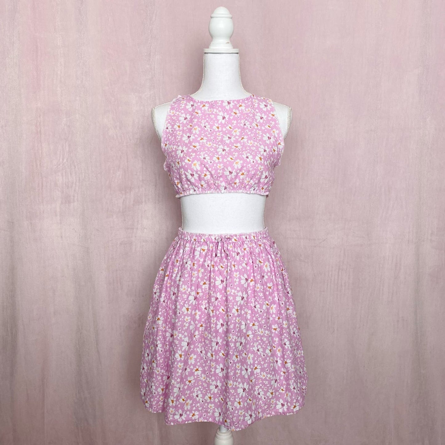 Upcycled Pink Floral Linen Blend Crop Top & Skirt Set, Size XS