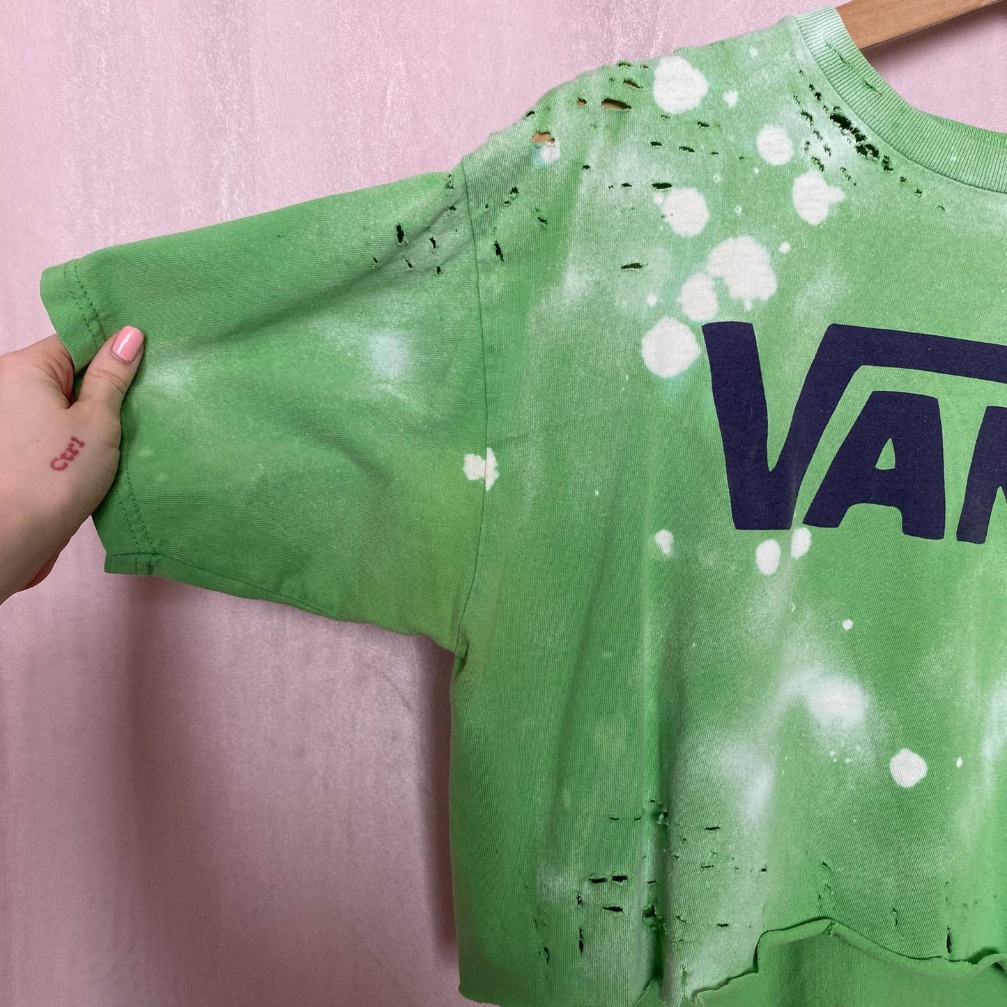 Reworked Vans Distressed Acid Wash Oversized Crop Tee, Size Medium