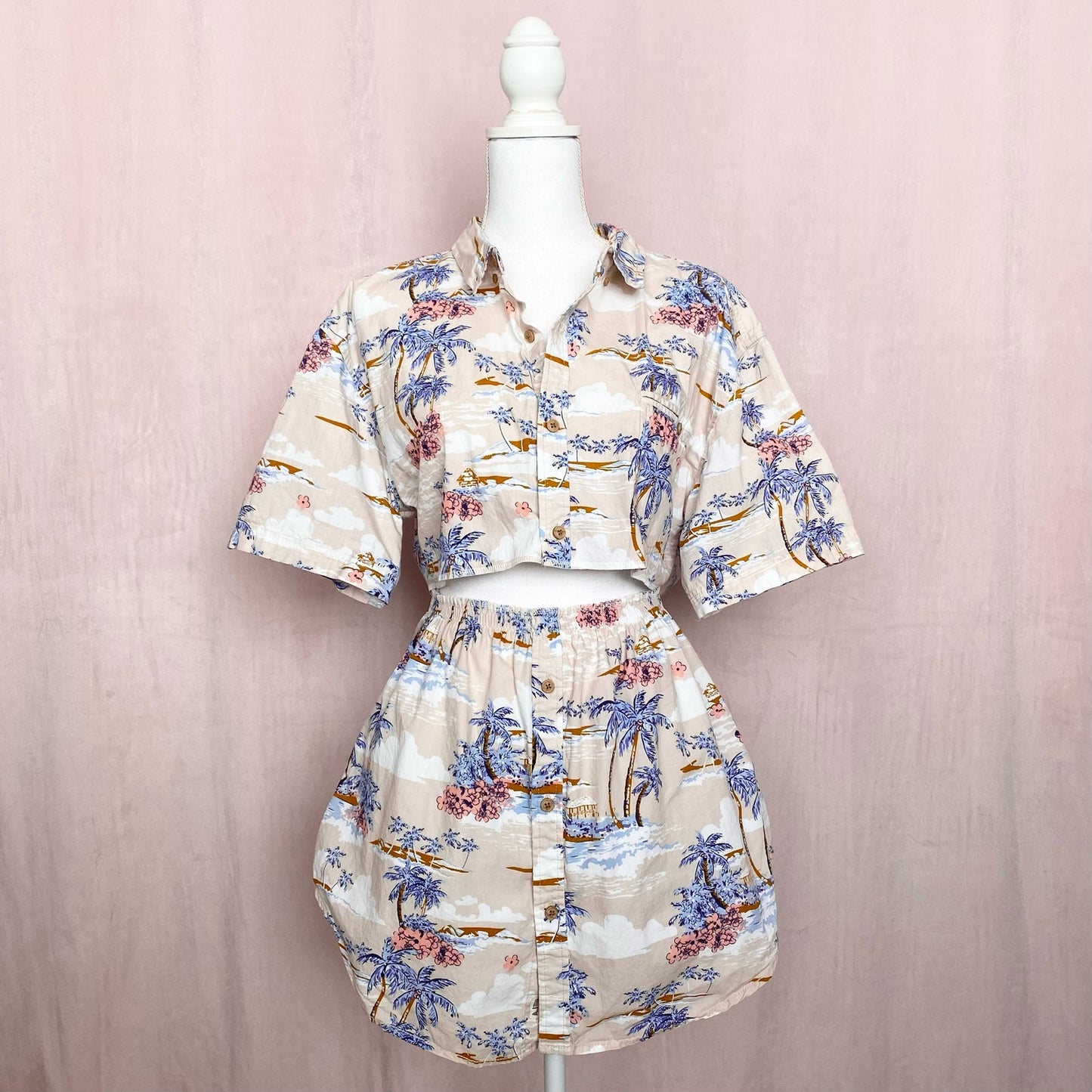Upcycled Hawaiian Button Front Two Piece Skirt Set, Size Small