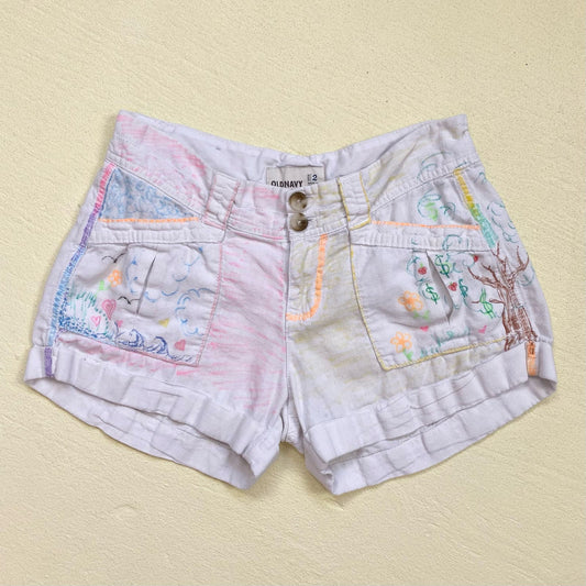 Upcycled Old Navy Doodle Art Linen Blend Shorts, Size 2