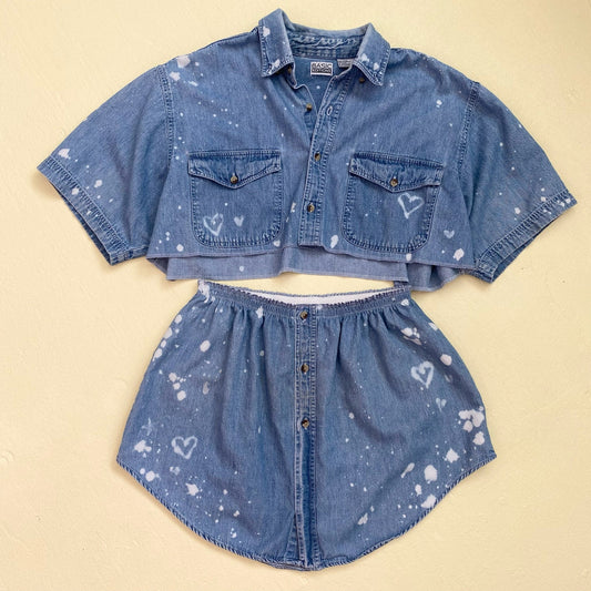 Upcycled Vintage Denim Bleach Heart Button Front Skirt Set, Size M/L