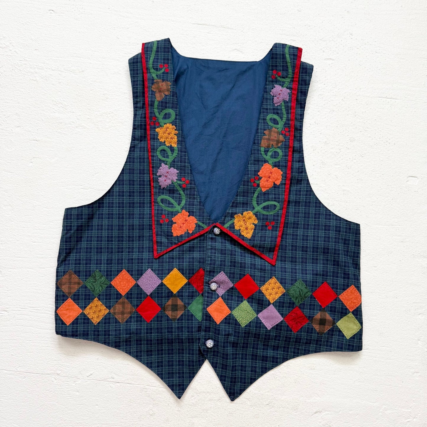Vintage Navy Green Plaid Harvest Appliqué Vest, Size Large–XL