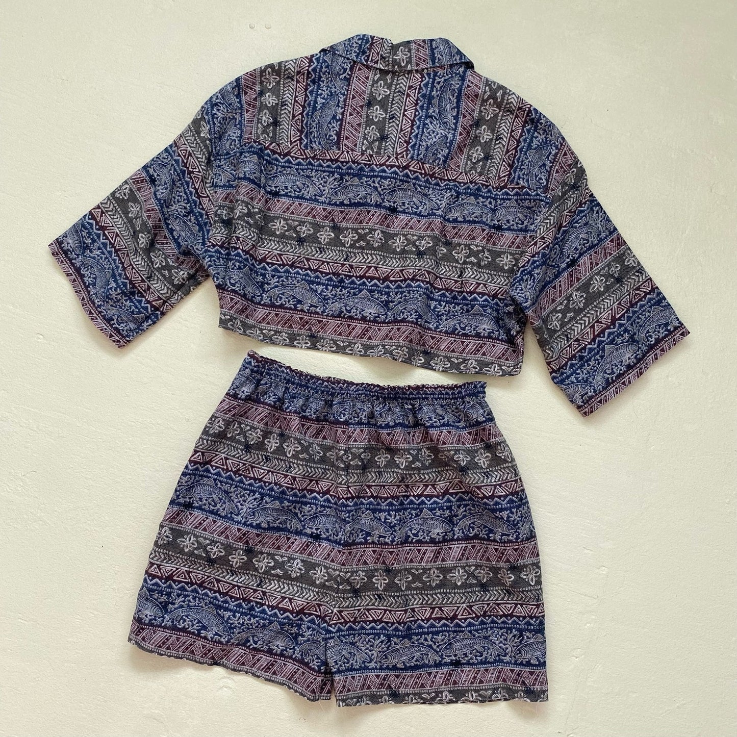 Upcycled Fish Tribal Print Button Up & Shorts Set, Size S/M/L