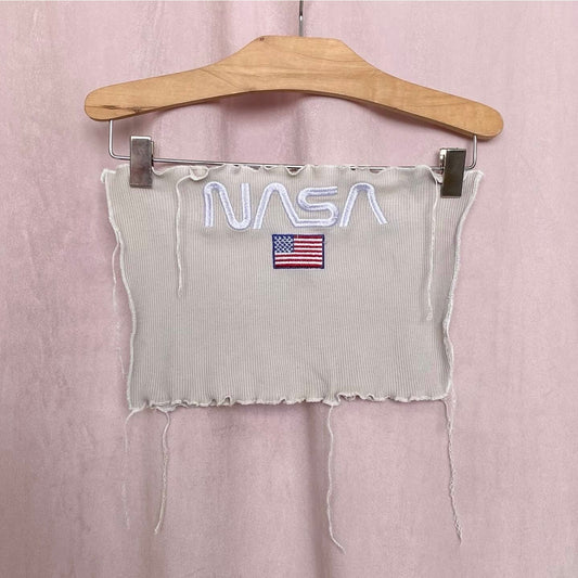 Upcycled Nasa USA Flag Embroidered Ribbed Tube Top, Size Small