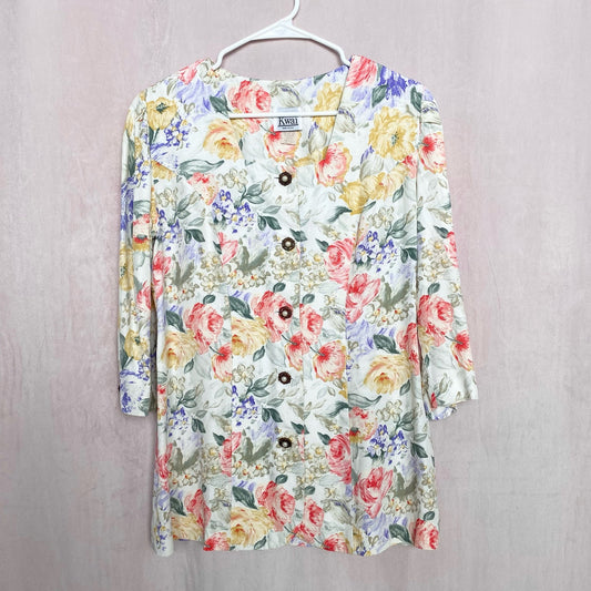 Vintage 80s Kwai Button Up Crop Sleeve Blouse, Size 12