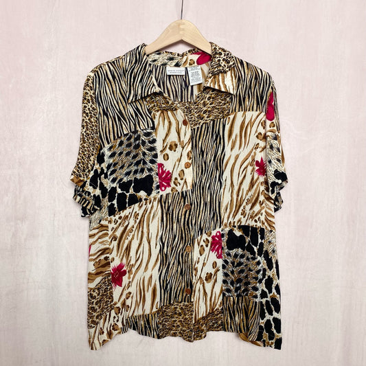 Vintage White Stag Patchwork Floral Animal Print Button Up, Size 18W/20W