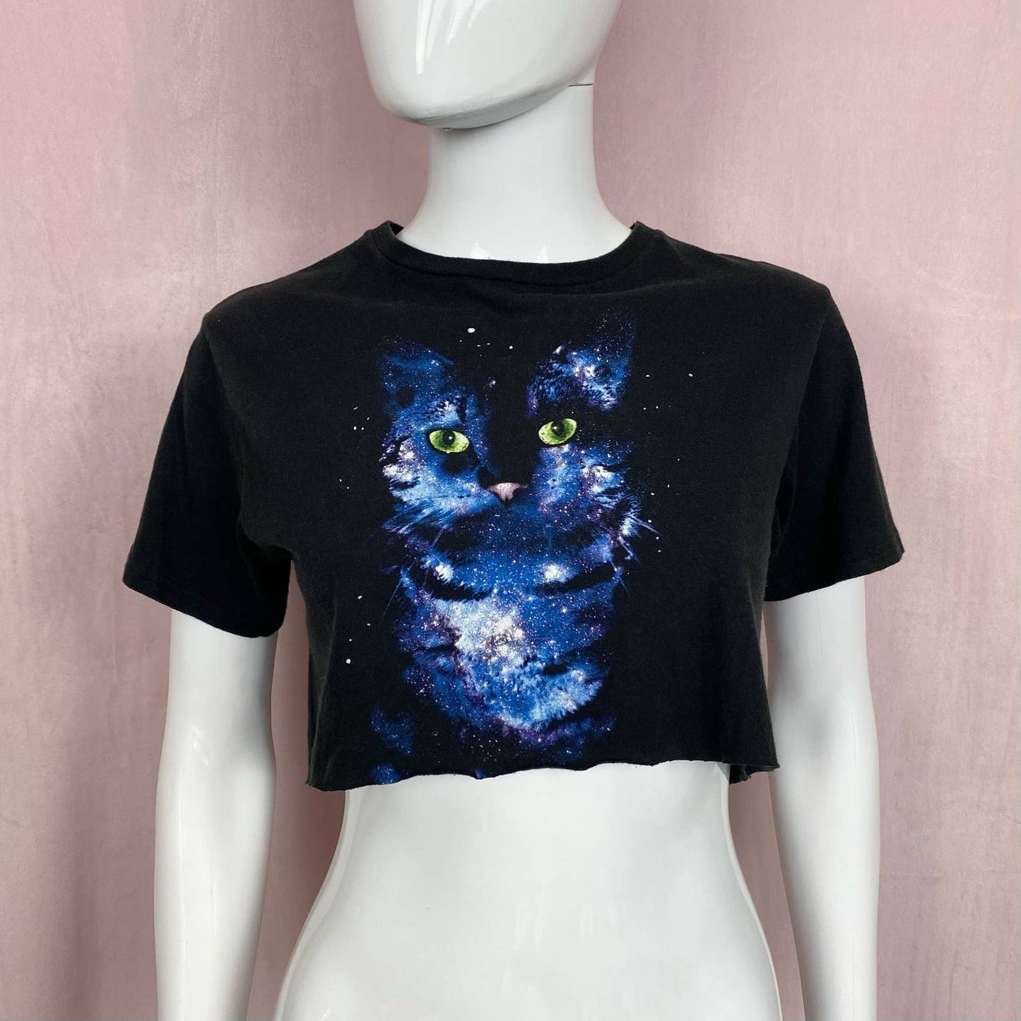 Reworked Galaxy Cat Crop Tee, Size Medium