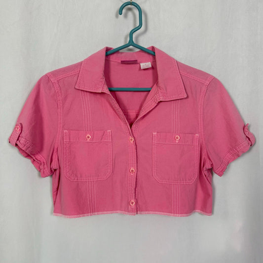 Reworked Vintage Pink Denim Crop Button Up Shirt, Size Small